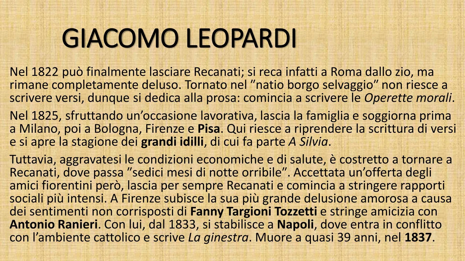 # GIACOMO LEOPARDI
Giacomo Leopardi nasce a Recanati nel 1798,
in un ambiente bigotto e conservatore. In età
adolescenziale si chiude nella