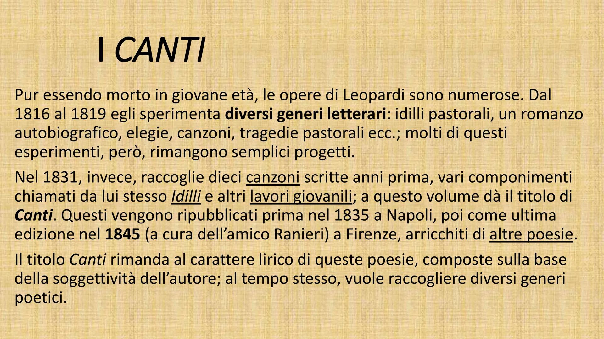# GIACOMO LEOPARDI
Giacomo Leopardi nasce a Recanati nel 1798,
in un ambiente bigotto e conservatore. In età
adolescenziale si chiude nella