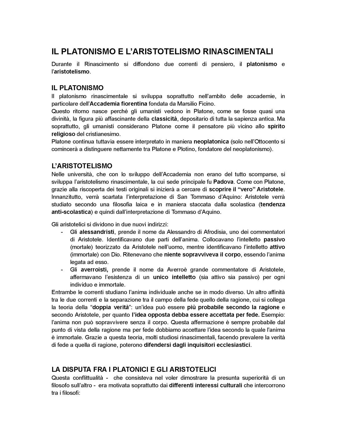 Il platonismo e l’aristotelismo rinascimentali