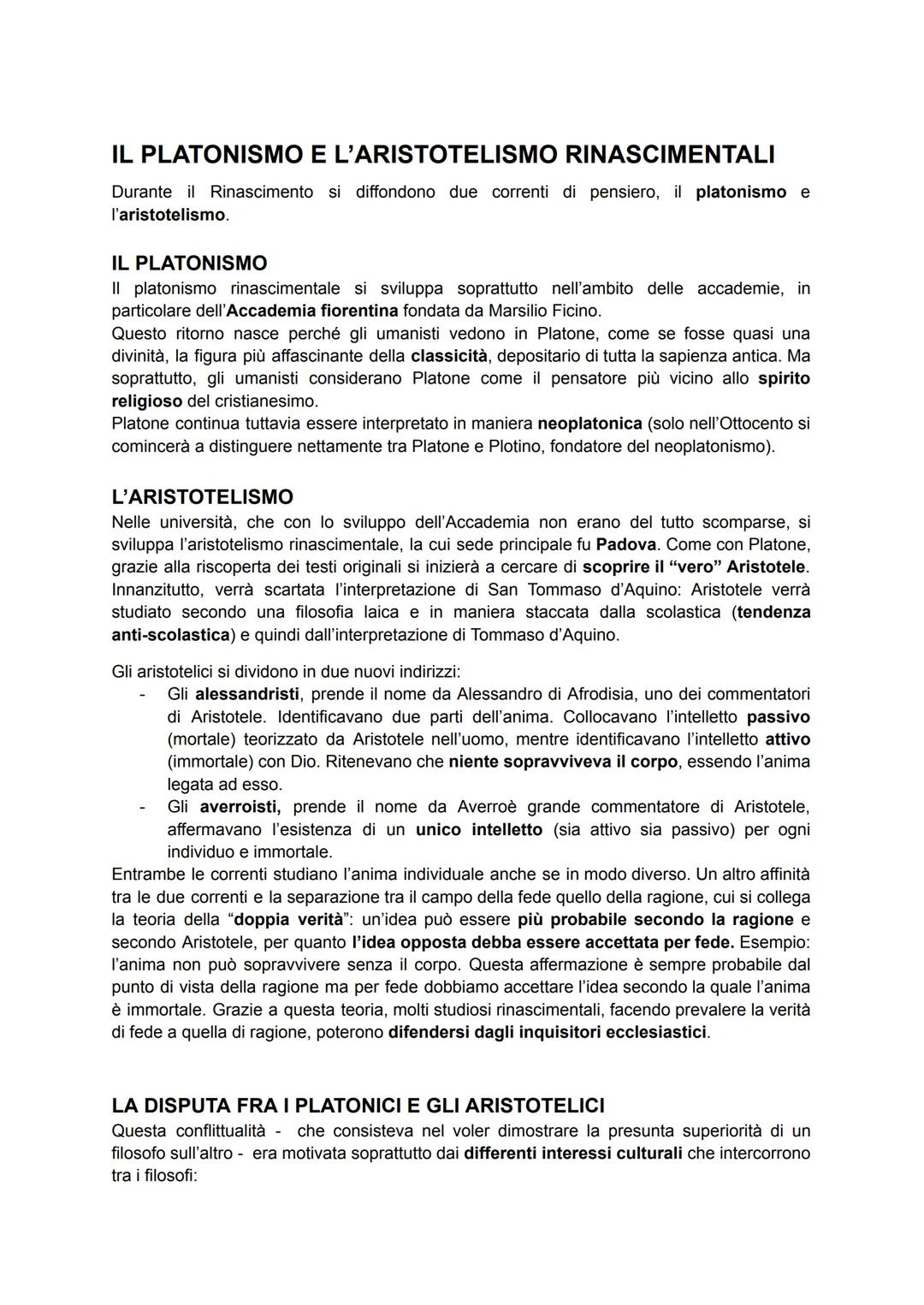 IL PLATONISMO E L'ARISTOTELISMO RINASCIMENTALI
Durante il Rinascimento si diffondono due correnti di pensiero, il platonismo e
l'aristotelis