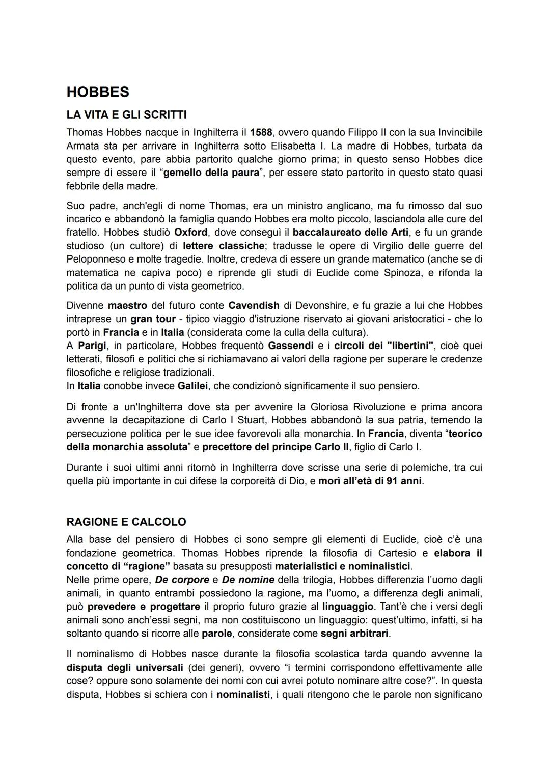 # HOBBES
LA VITA E GLI SCRITTI
Thomas Hobbes nacque in Inghilterra il 1588, ovvero quando Filippo II con la sua Invincibile
Armata sta per