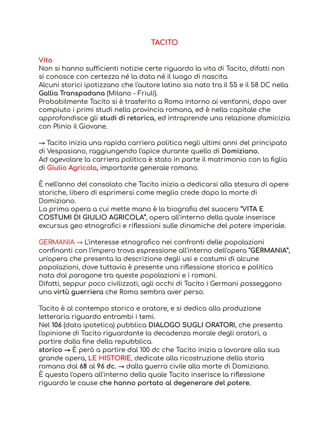 TACITO
Vita
Non si hanno sufficienti notizie certe riguardo la vita di Tacito, difatti non
si conosce con certezza né la data né il luogo