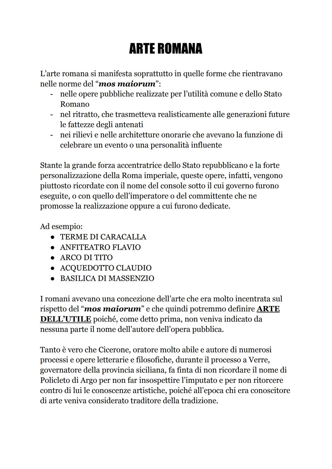 # ARTE ROMANA
L'arte romana si manifesta soprattutto in quelle forme che rientravano
nelle norme del "mos maiorum":
- nelle opere pubbliche