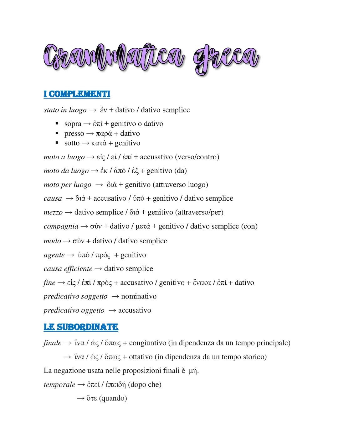 schema riassuntivo grammatica greca