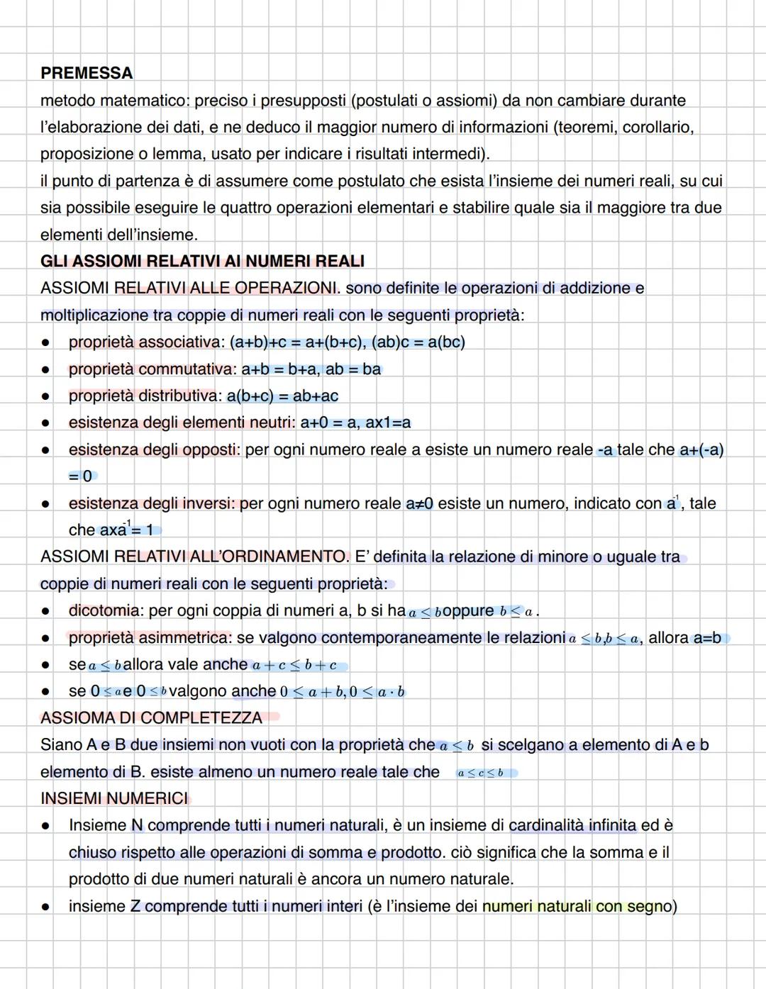 PREMESSA
metodo matematico: preciso i presupposti (postulati o assiomi) da non cambiare durante
l'elaborazione dei dati, e ne deduco il mag