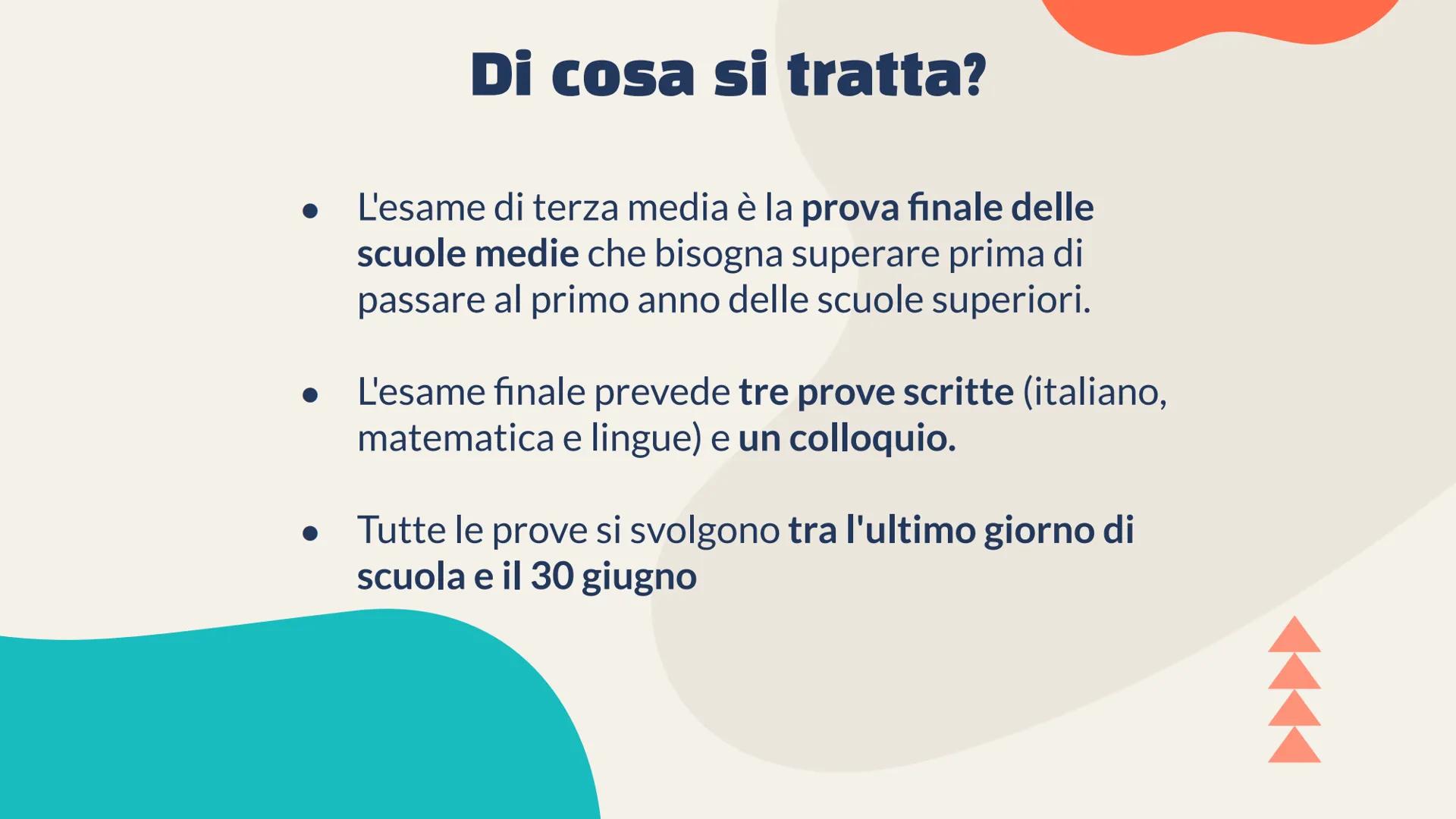 L'esame di
terza media
Co Di cosa si tratta?
L'esame di terza media è la prova finale delle
scuole medie che bisogna superare prima di
passa