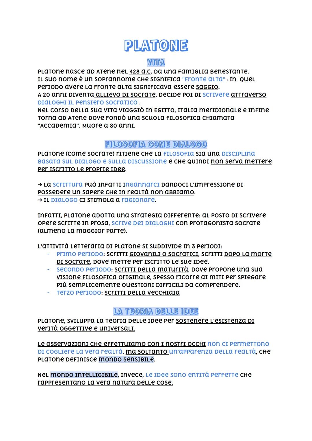 PLATONE
VITA
PLATOne nasce ad Atene nel 428 a.c. Da una FAMIGLIA Benestante.
IL suo nome è un soprannome CHE SIGNIFICA "Fronte alta": In Que