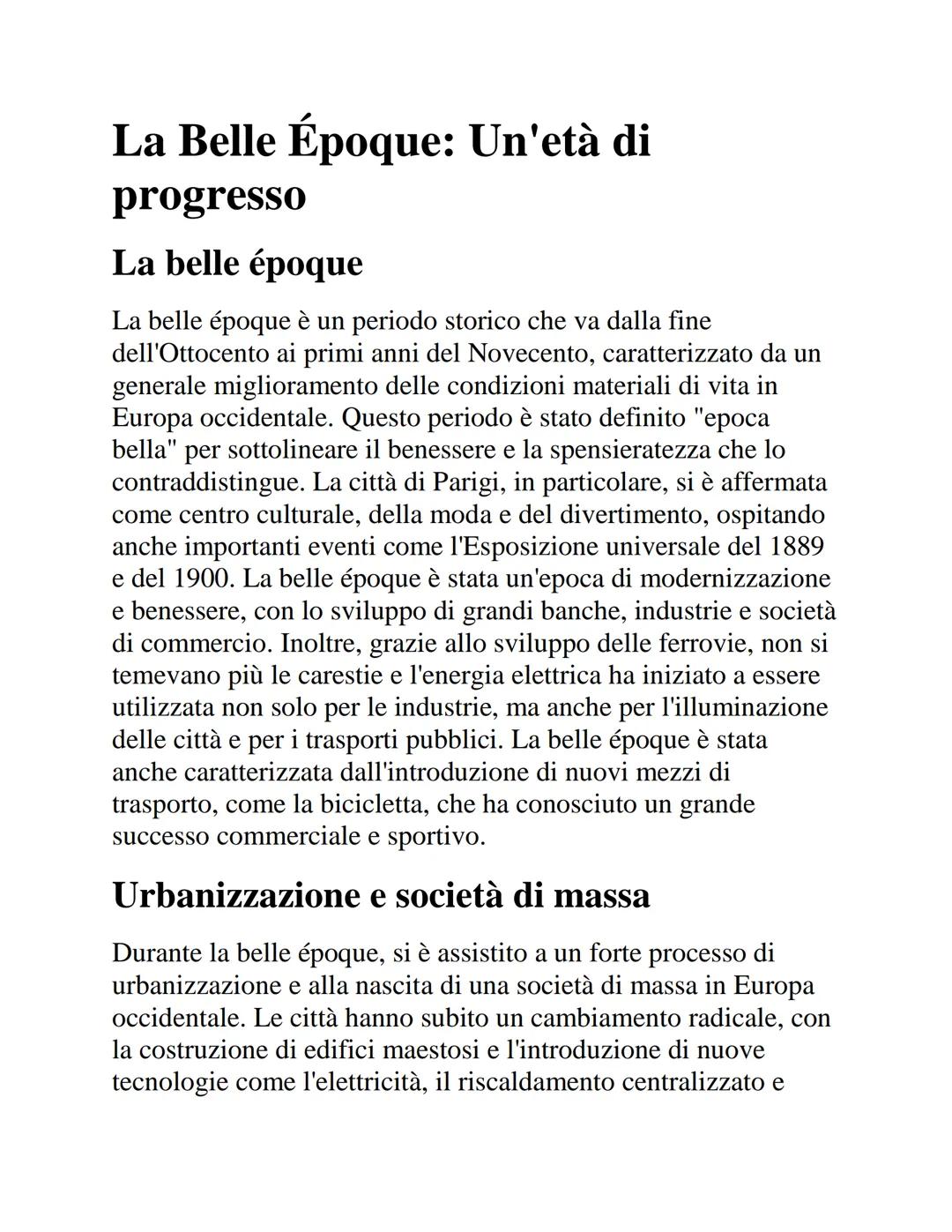 # La Belle Époque: Un'età di
progresso
La belle époque
La belle époque è un periodo storico che va dalla fine
dell'Ottocento ai primi anni