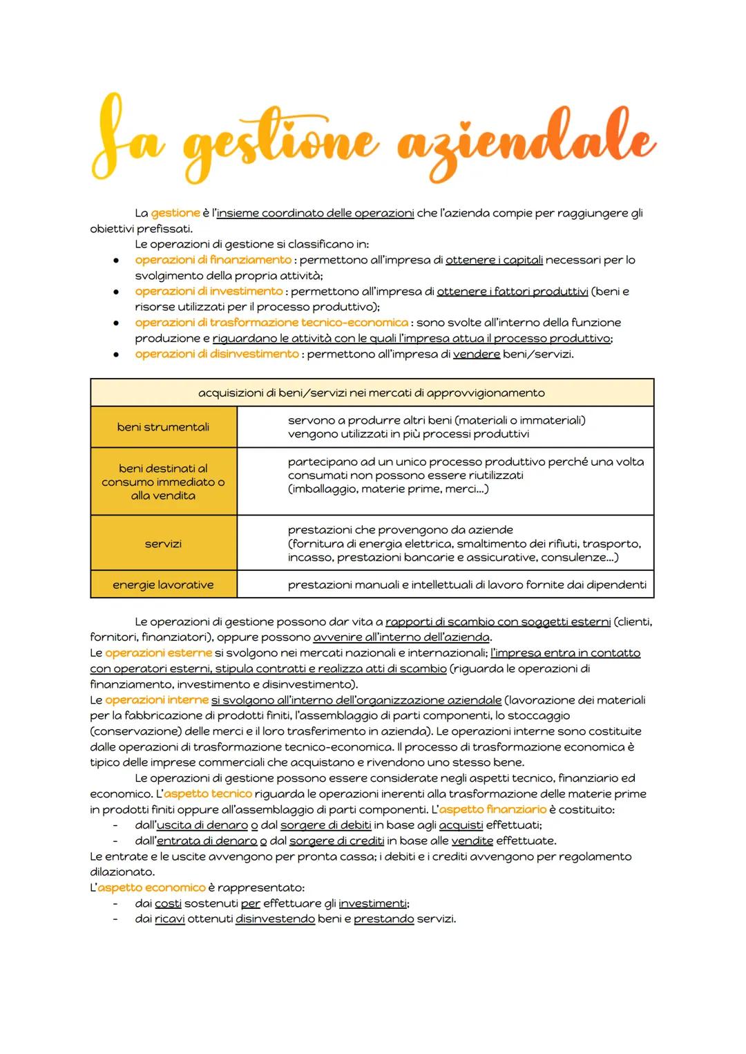 # Ja gestione aziendale
La gestione è l'insieme coordinato delle operazioni che l'azienda compie per raggiungere gli
obiettivi prefissati.