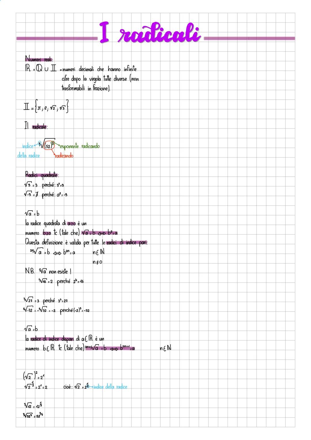 Numeri reali
I radicali
R-QUI = numeri decimali che hanno infinite
cifre dopo la virgola tulle diverse (non
trasformabili in frazione)
Il ra