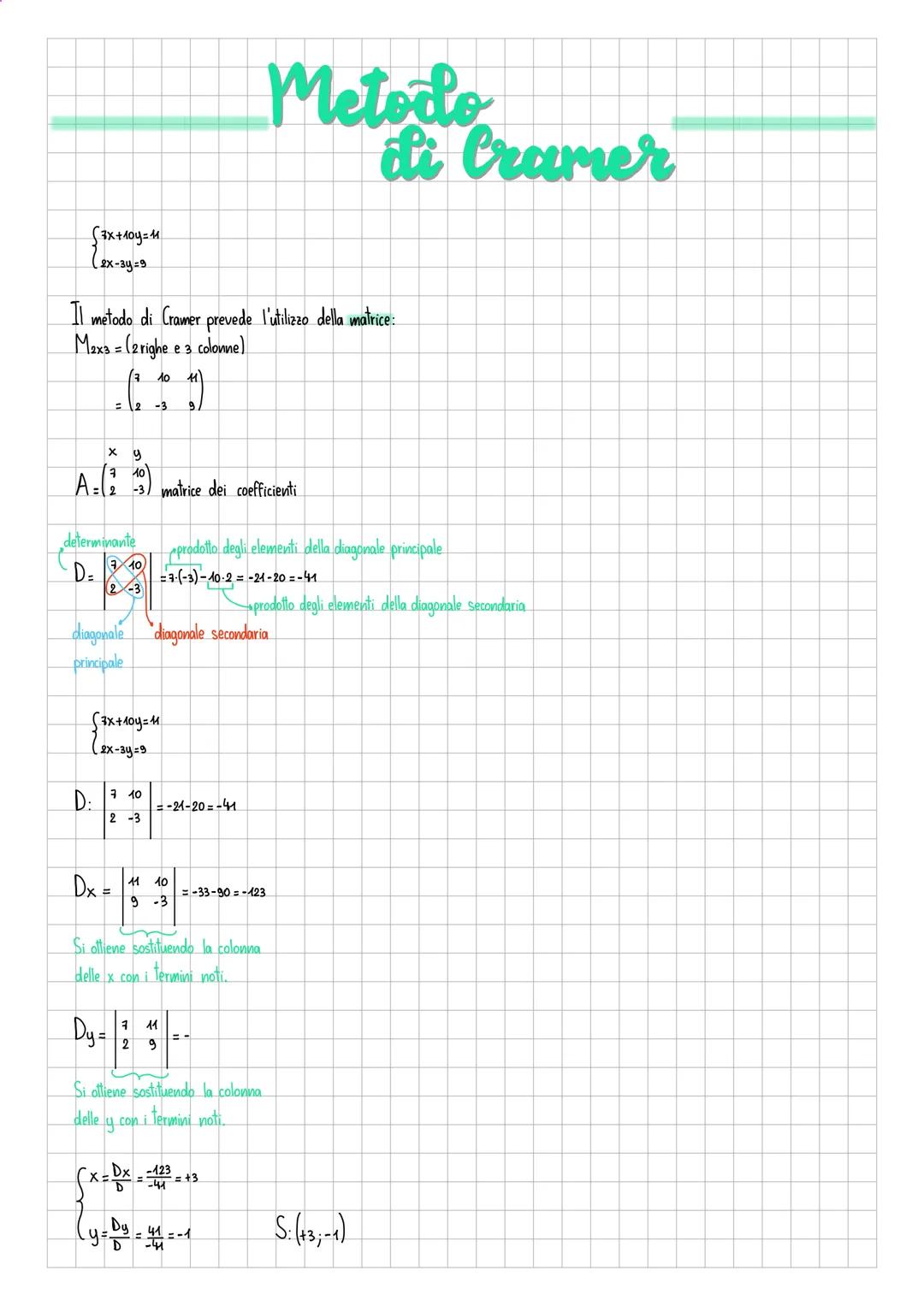 Metodo
di Cramer
S3x+10=11
2x-3y=9
Il metodo di Cramer prevede l'utilizzo della matrice:
M2x3 = (2 righe e 3 colonne)
3
10
=2 -3
Al
x y
dete