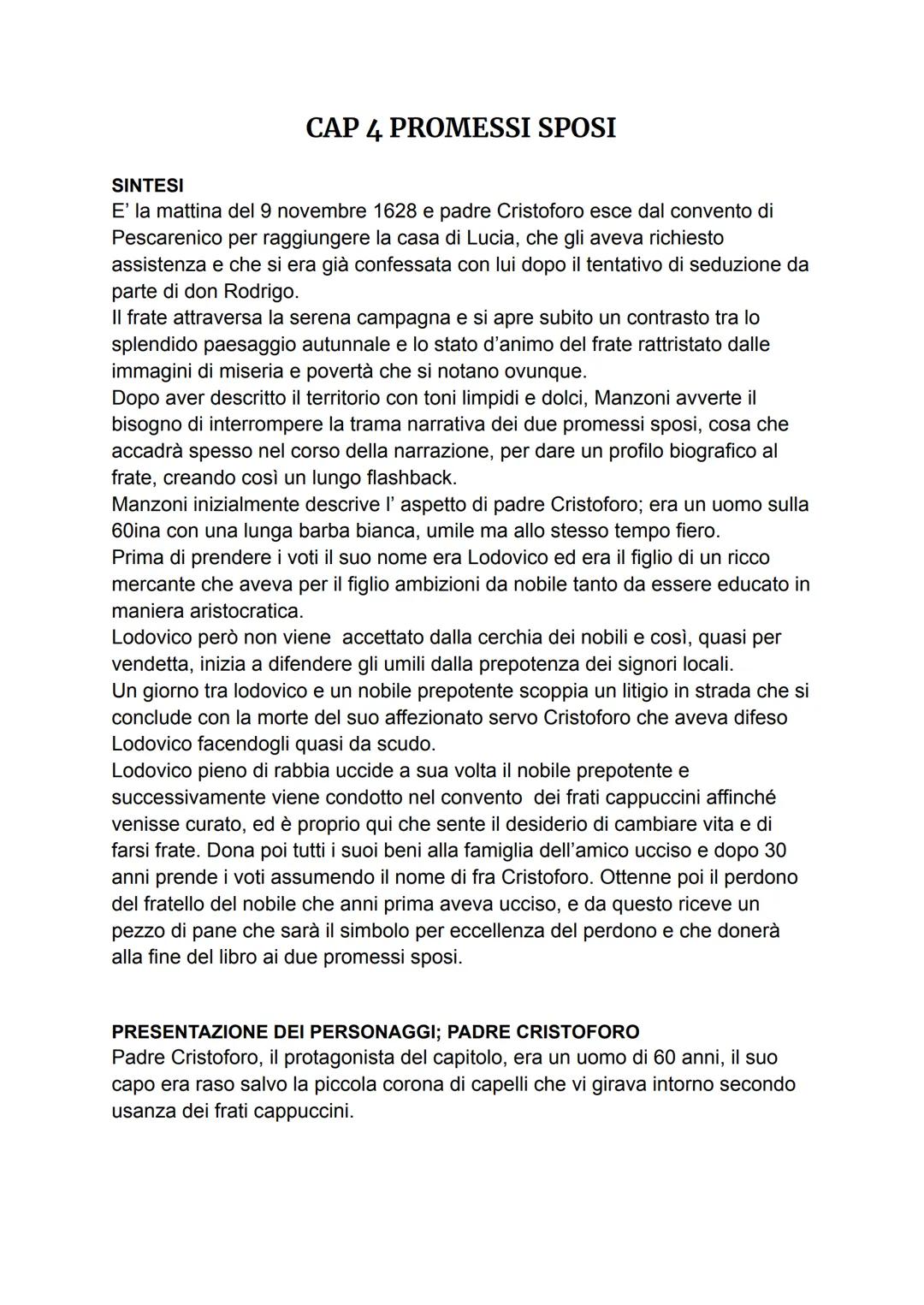 SINTESI
CAP 4 PROMESSI SPOSI
E' la mattina del 9 novembre 1628 e padre Cristoforo esce dal convento di
Pescarenico per raggiungere la casa