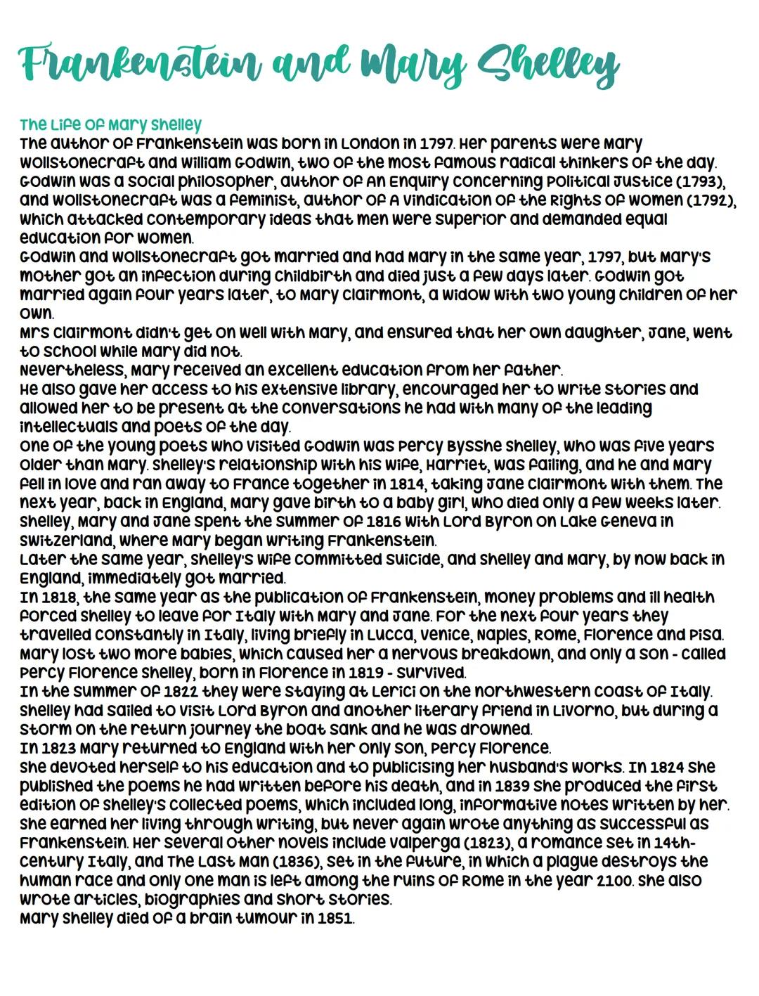 Frankenstein and Mary Shelley
The Life of Mary shelley
The author of Frankenstein was born in London in 1797. Her parents were mary
Wollston
