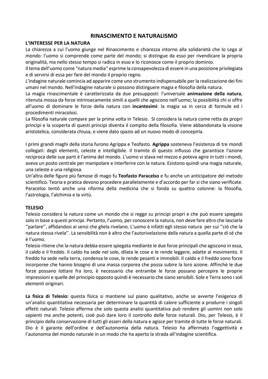 L'INTERESSE PER LA NATURA
RINASCIMENTO E NATURALISMO
La chiarezza a cui l'uomo giunge nel Rinascimento e chiarezza intorno alla solidarietà