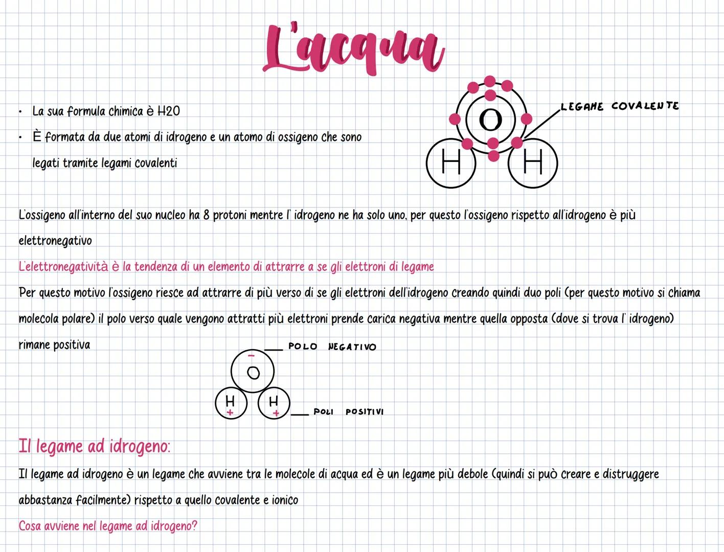 # L'acqua
- La sua formula chimica è H20
- È formata da due atomi di idrogeno e un atomo di ossigeno che sono
legati tramite legami covalen