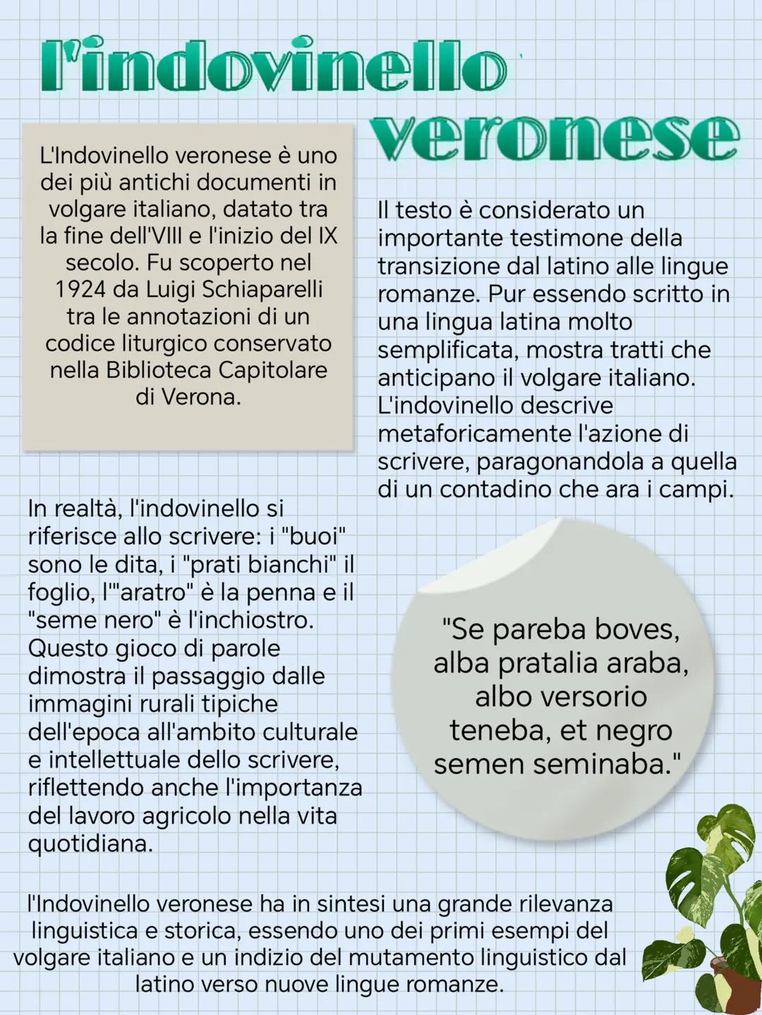 # l'indovinello
L'Indovinello veronese รจ uno
dei piรน antichi documenti in
volgare italiano, datato tra
la fine dell'VIII e l'inizio del IX