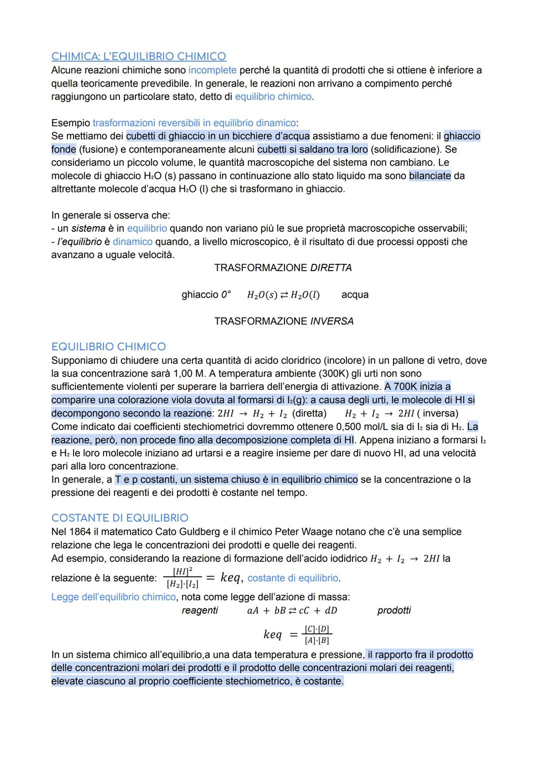 CHIMICA: L'EQUILIBRIO CHIMICO
Alcune reazioni chimiche sono incomplete perché la quantità di prodotti che si ottiene è inferiore a
quella te
