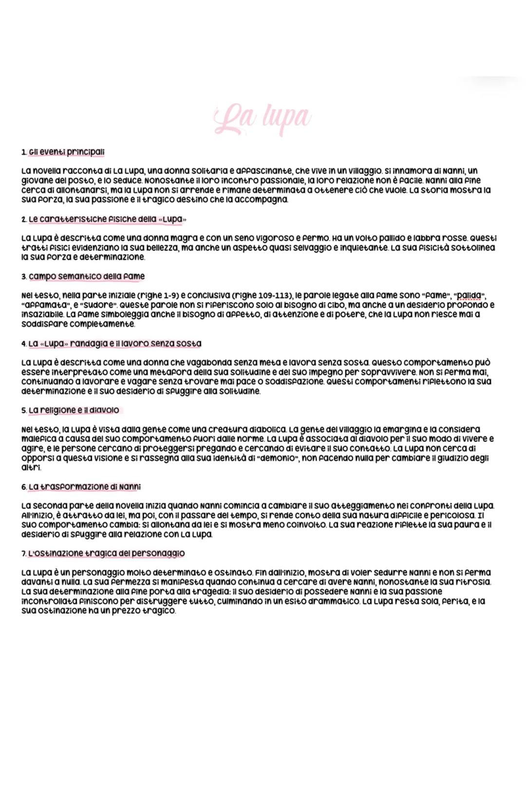 # La lupa
1. Gli eventi principali
La novella racconta di La Lupa, una donna solitaria e affascinante, che vive in un villaggio, si innamo