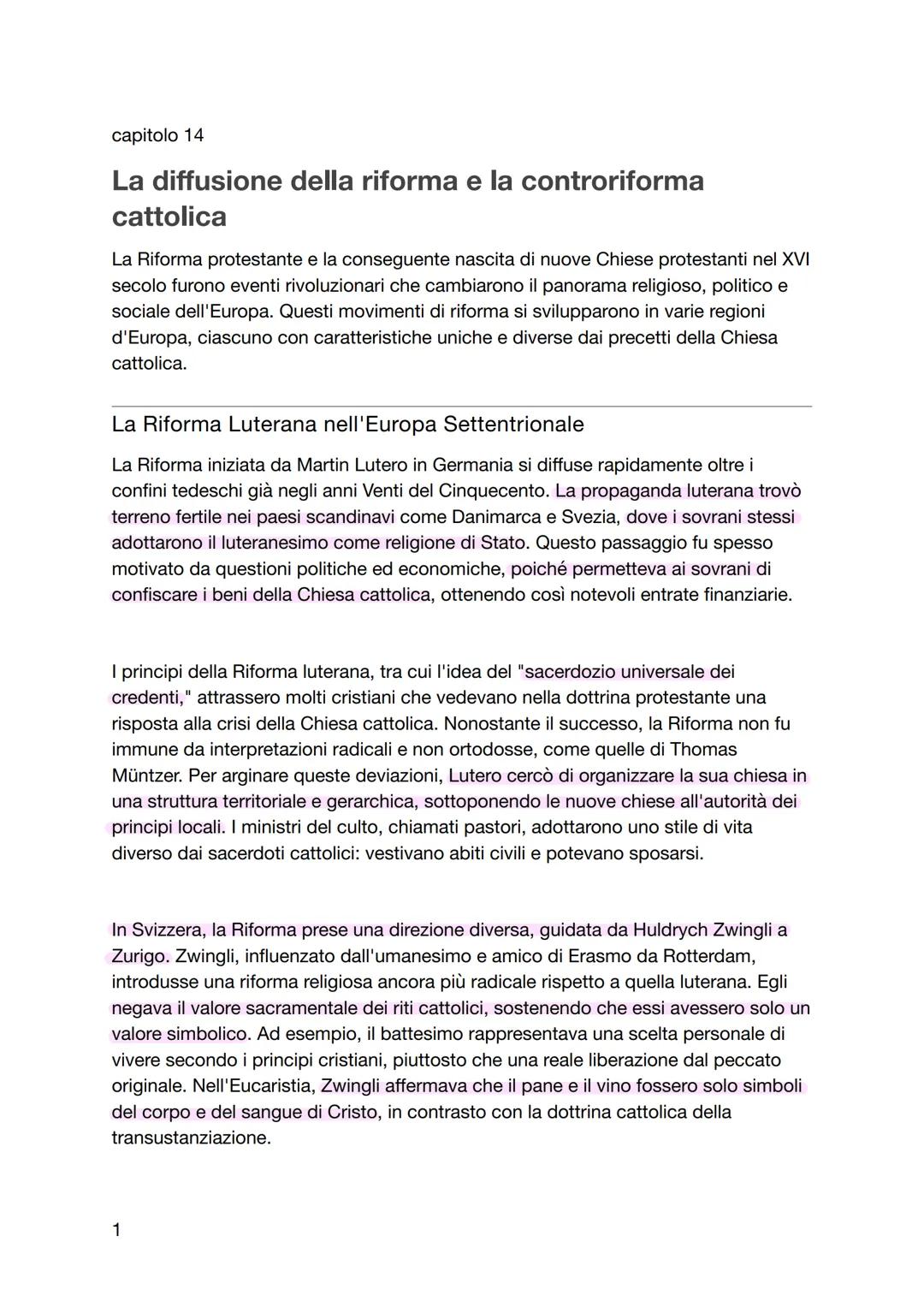 capitolo 14
La diffusione della riforma e la controriforma
cattolica
La Riforma protestante e la conseguente nascita di nuove Chiese prote