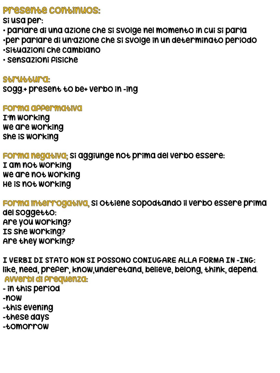 # Inglese ripassa
Present simple:
-si usa per azioni abituali --- I get up at 6 O' CLOCK.
-per fatti sempre veri --- water boils at 100°.
-