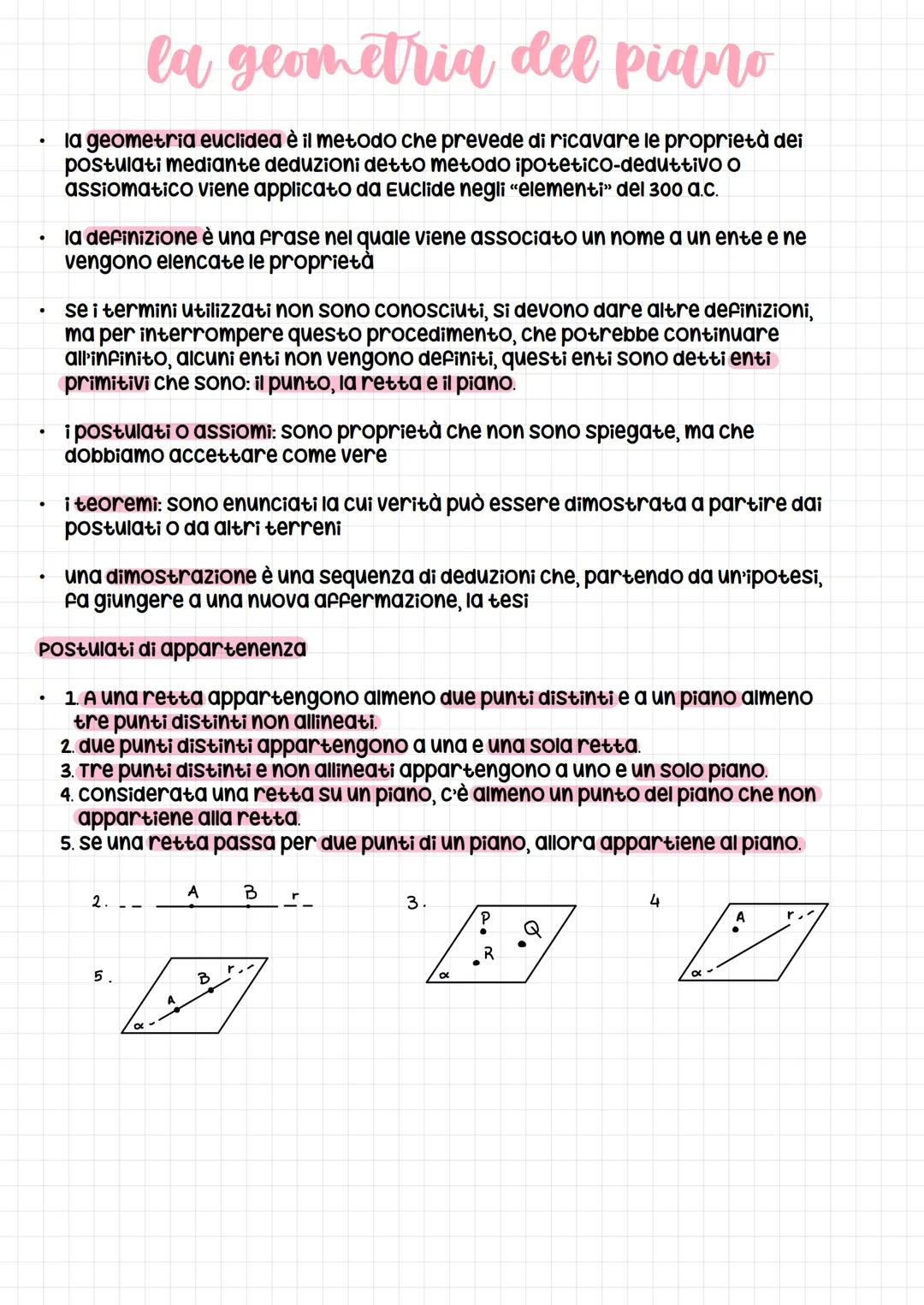 •
.
•
•
la geometria del piano
la geometria euclidea è il metodo che prevede di ricavare le proprietà dei
postulati mediante deduzioni detto