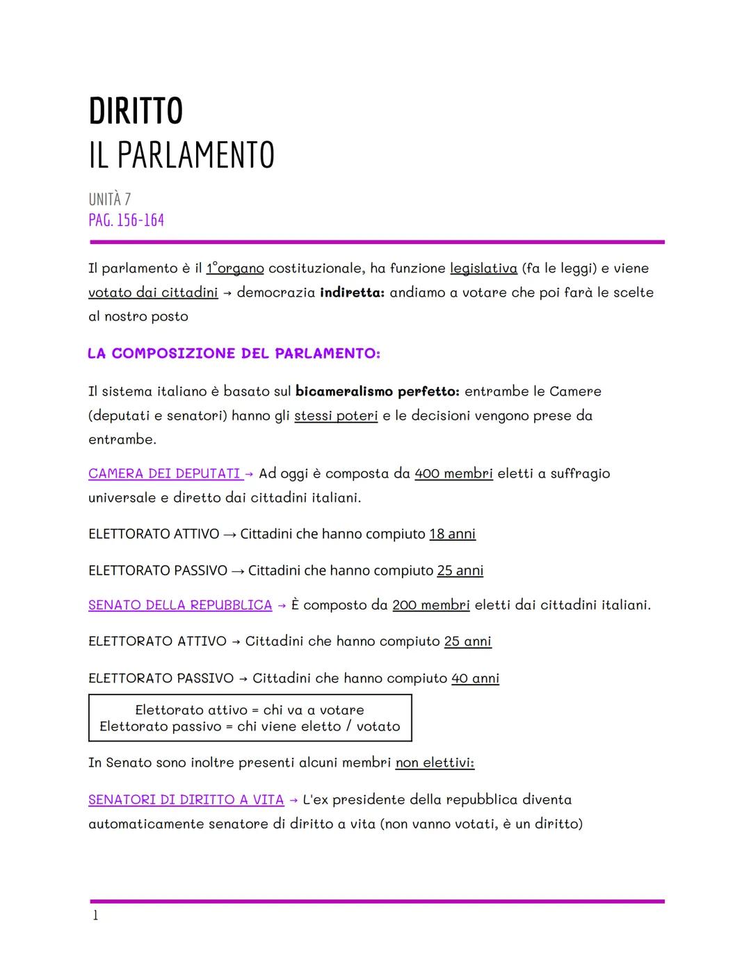 # DIRITTO
# IL PARLAMENTO
UNITÀ 7
PAG. 156-164
Il parlamento è il 1°organo costituzionale, ha funzione legislativa (fa le leggi) e viene