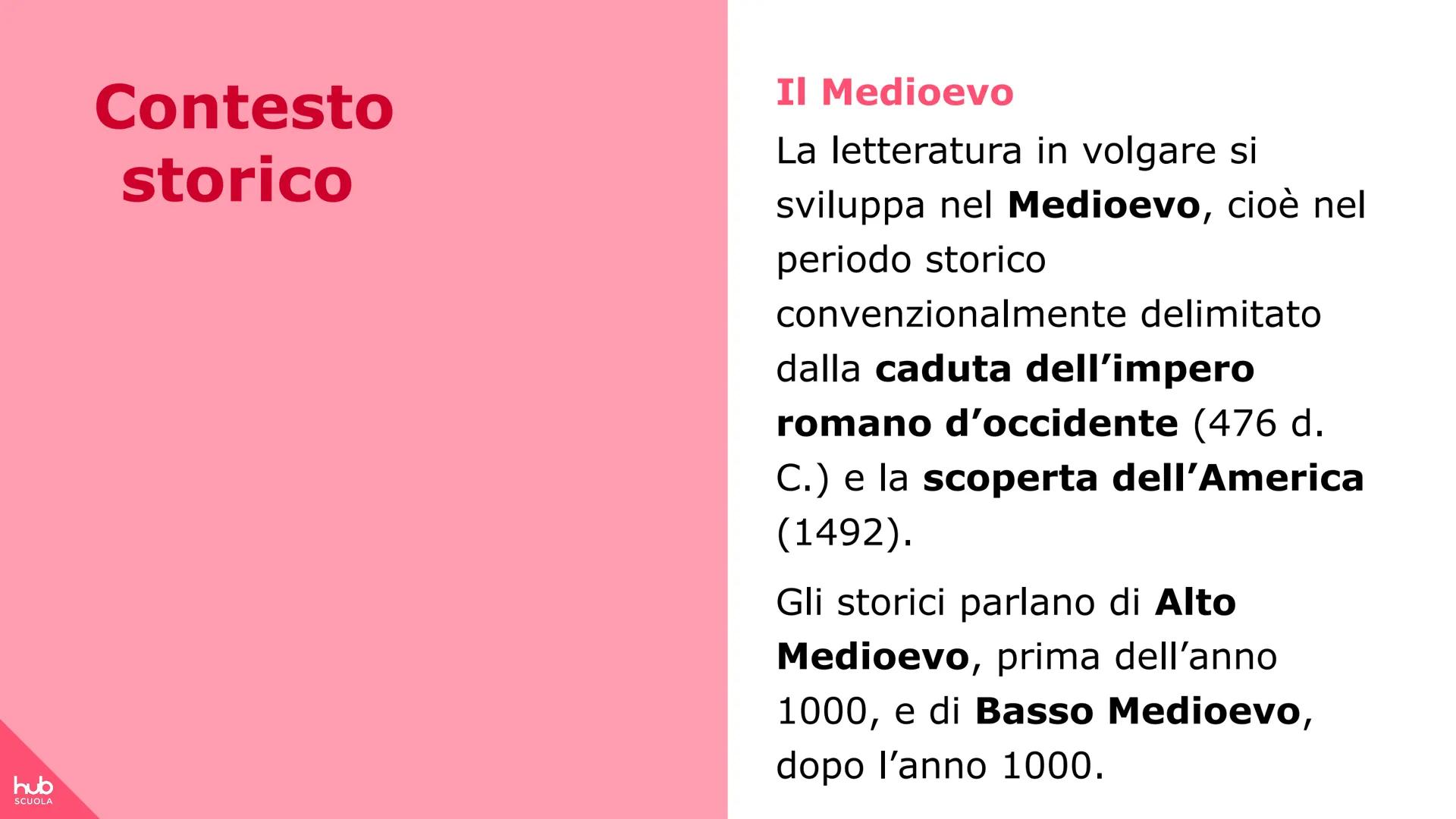 hub
SCUOLA
Dal latino alle
lingue romanze hub
SCUOLA
Contesto
storico
Il Medioevo
La letteratura in volgare si
sviluppa nel Medioevo, cioรจ n