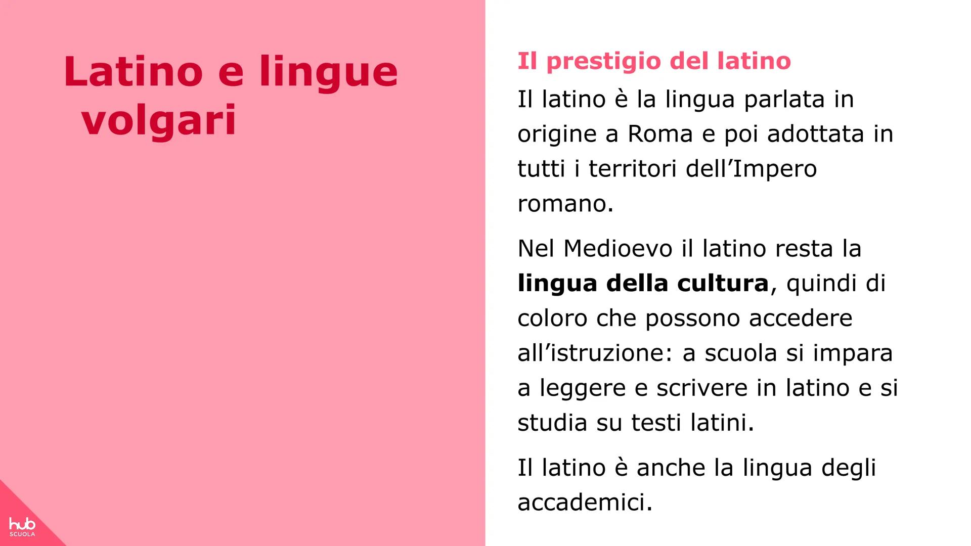 hub
SCUOLA
Dal latino alle
lingue romanze hub
SCUOLA
Contesto
storico
Il Medioevo
La letteratura in volgare si
sviluppa nel Medioevo, cioรจ n