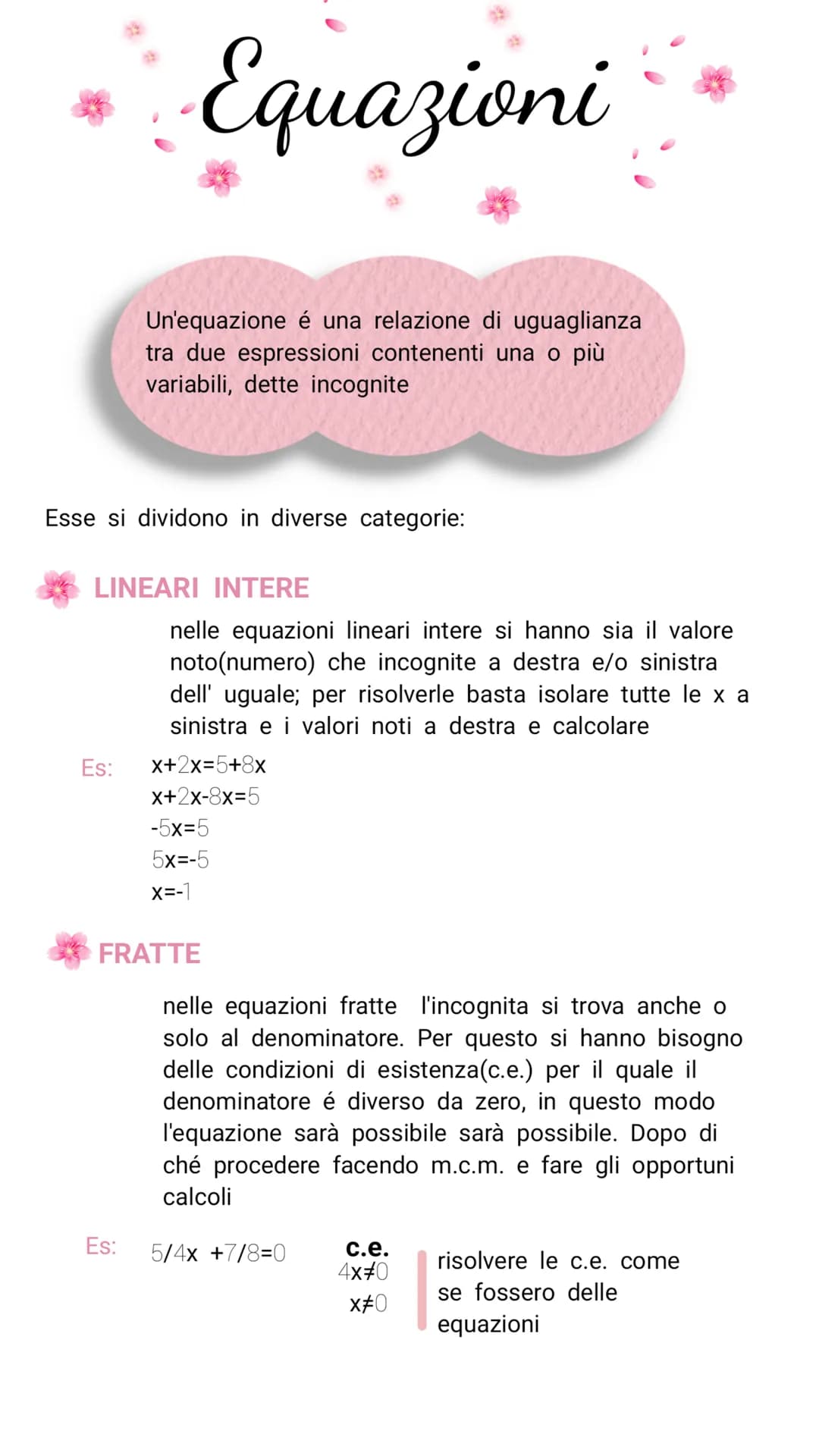 # Equazioni
Un'equazione é una relazione di uguaglianza
tra due espressioni contenenti una o più
variabili, dette incognite
Esse si divido