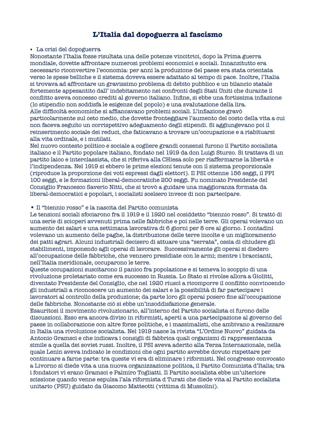 # L'Italia dal dopoguerra al fascismo
* La crisi del dopoguerra
Nonostante l'Italia fosse risultata una delle potenze vincitrici, dopo l