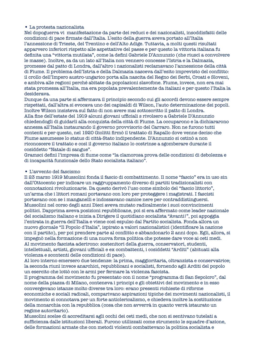 # L'Italia dal dopoguerra al fascismo
* La crisi del dopoguerra
Nonostante l'Italia fosse risultata una delle potenze vincitrici, dopo l