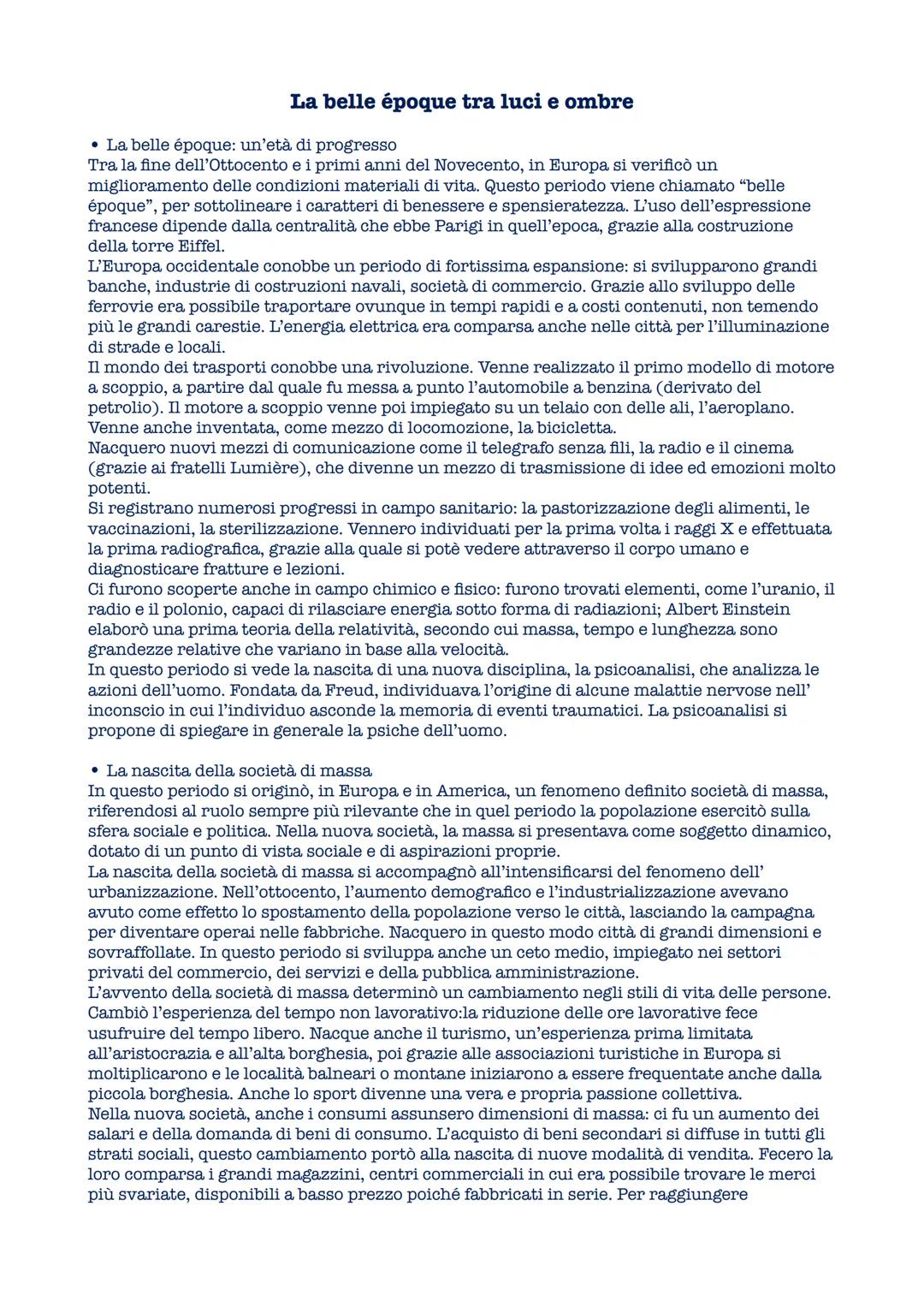 La belle รฉpoque tra luci e ombre
โข La belle รฉpoque: un'etร  di progresso
Tra la fine dell'Ottocento e i primi anni del Novecento, in Europa s
