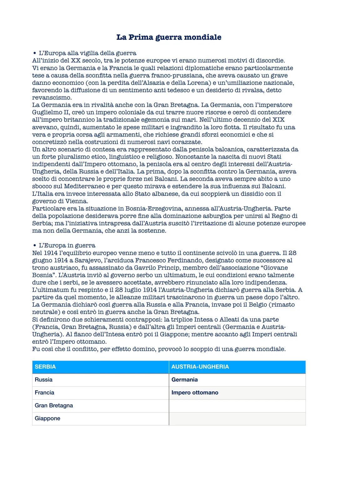 La Prima guerra mondiale
โข L'Europa alla vigilia della guerra
All'inizio del XX secolo, tra le potenze europee vi erano numerosi motivi di d