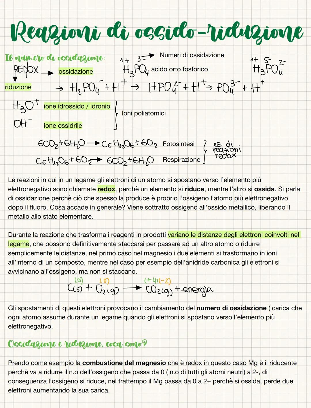 # Reazioni di ossido-riduzione
Il numero di ossidazione:
REDOX → ossidazione
riduzione → H₂PO₄⁻ +H⁺ → HPO₄²⁻ +H⁺ → PO₄³⁻ + H⁺
1+ 3 Numer