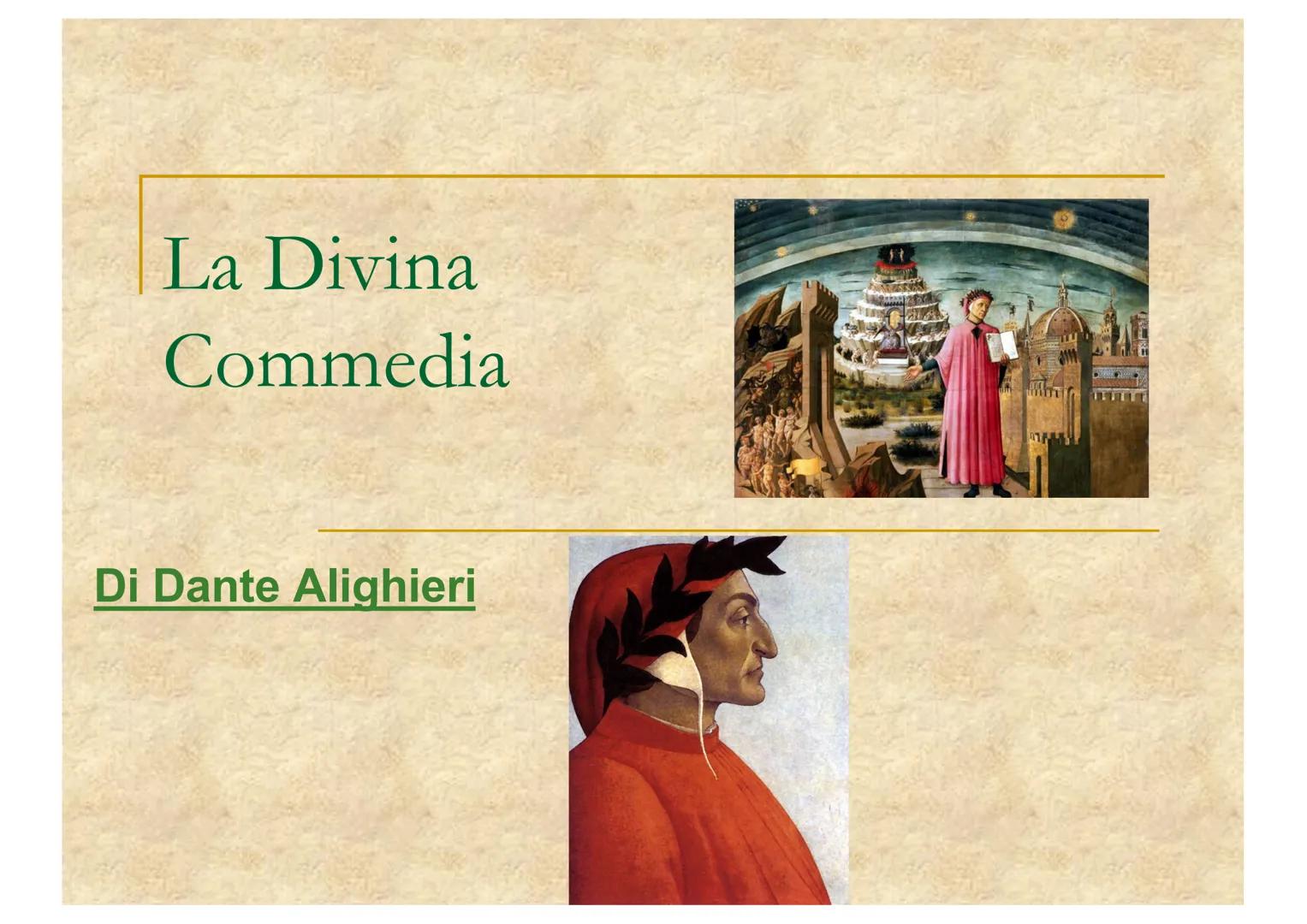 La Divina
Commedia
Di Dante Alighieri Struttura
La Divina Commedia è
- un poema allegorico e
didascalico
- scritta in 3 cantiche
(Inferno, P