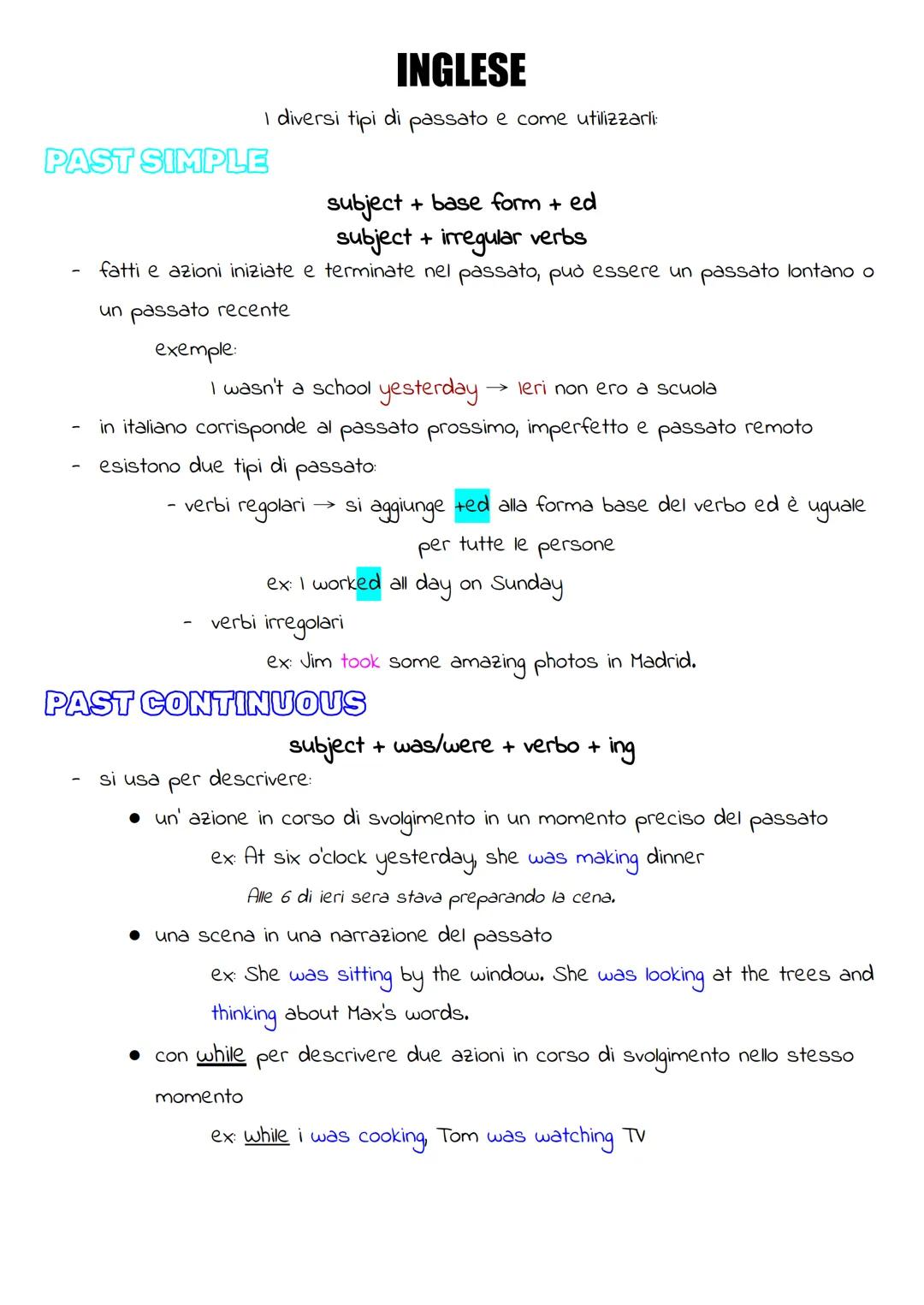 PAST SIMPLE
INGLESE
I diversi tipi di passato e come utilizzarli:
subject
+ base form + ed
subject + irregular verbs
fatti e azioni iniziate