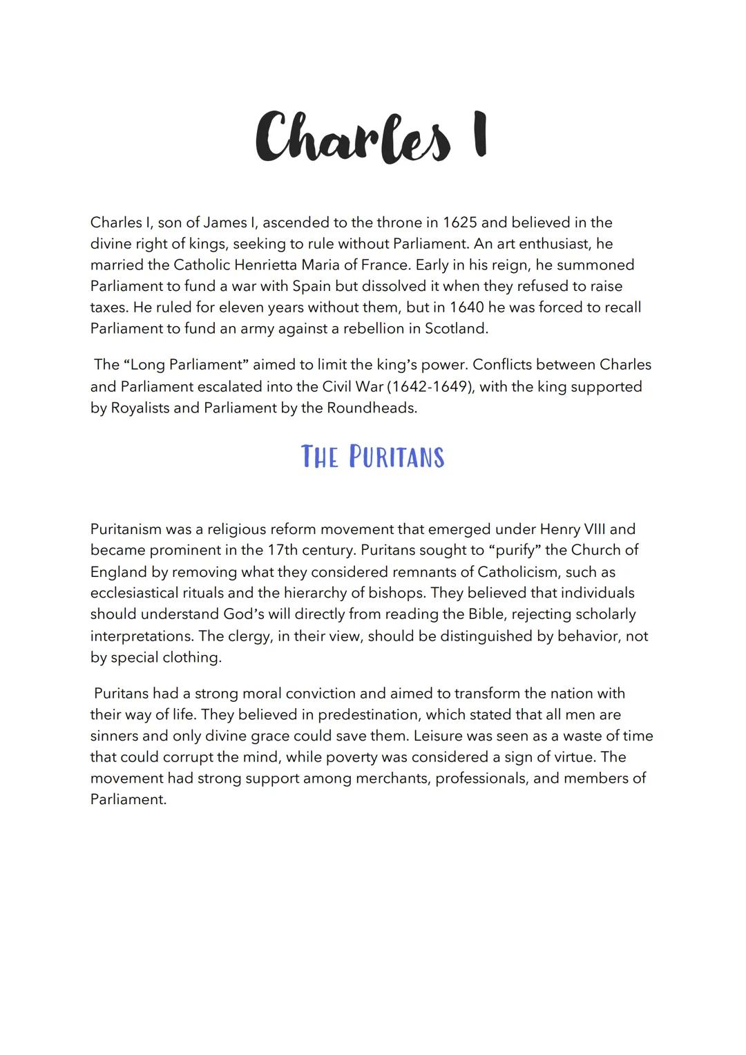 # Charles I
Charles I, son of James I, ascended to the throne in 1625 and believed in the
divine right of kings, seeking to rule without Pa