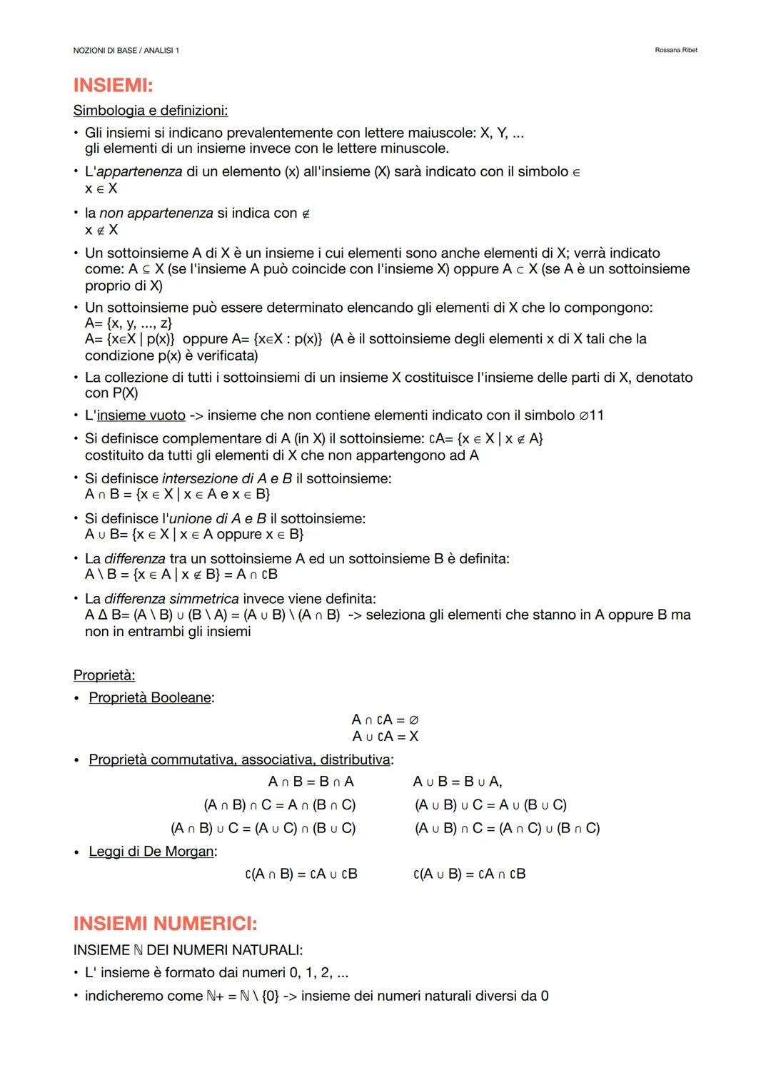 NOZIONI DI BASE/ANALISI 1
INSIEMI:
Simbologia e definizioni:
• Gli insiemi si indicano prevalentemente con lettere maiuscole: X, Y, ...
•
gl