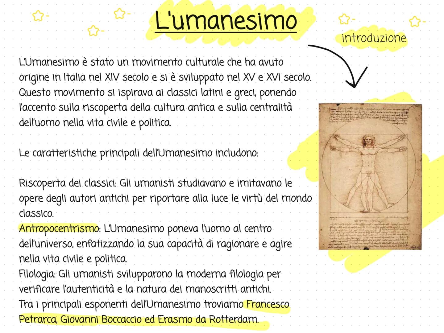 L'umanesimo
L'Umanesimo è stato un movimento culturale che ha avuto
origine in Italia nel XIV secolo e si è sviluppato nel XV e XVI secolo.