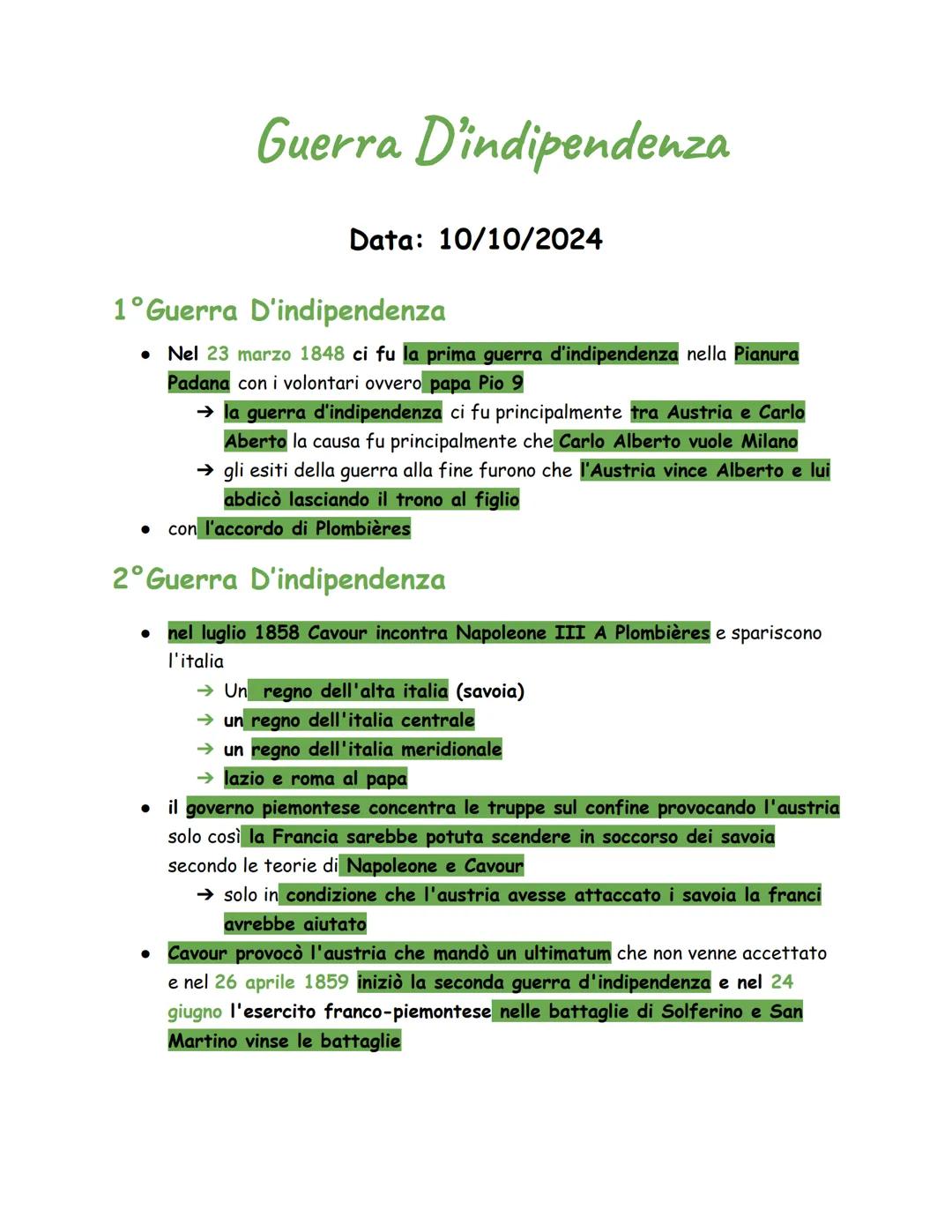 # Guerra D'indipendenza
Data: 10/10/2024
1° Guerra D'indipendenza
- Nel 23 marzo 1848 ci fu la prima guerra d'indipendenza nella Pianura