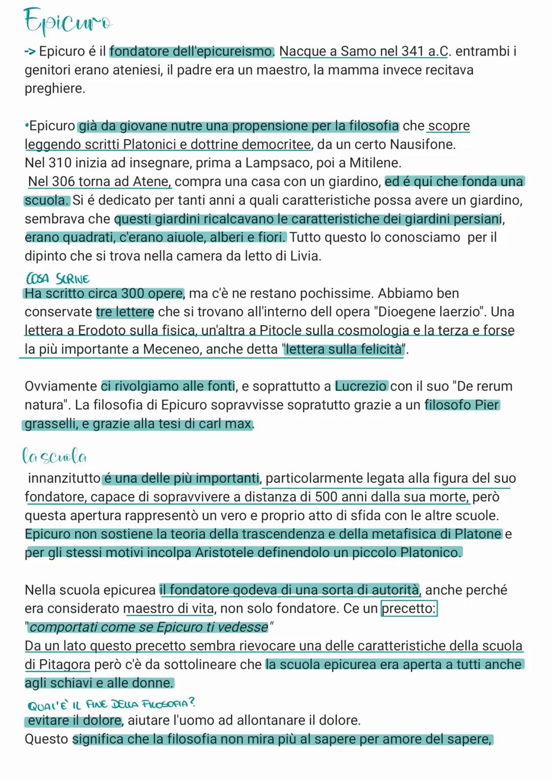 # Epicuro
-> Epicuro é il fondatore dell'epicureismo. Nacque a Samo nel 341 a.C. entrambi i
genitori erano ateniesi, il padre era un maestr