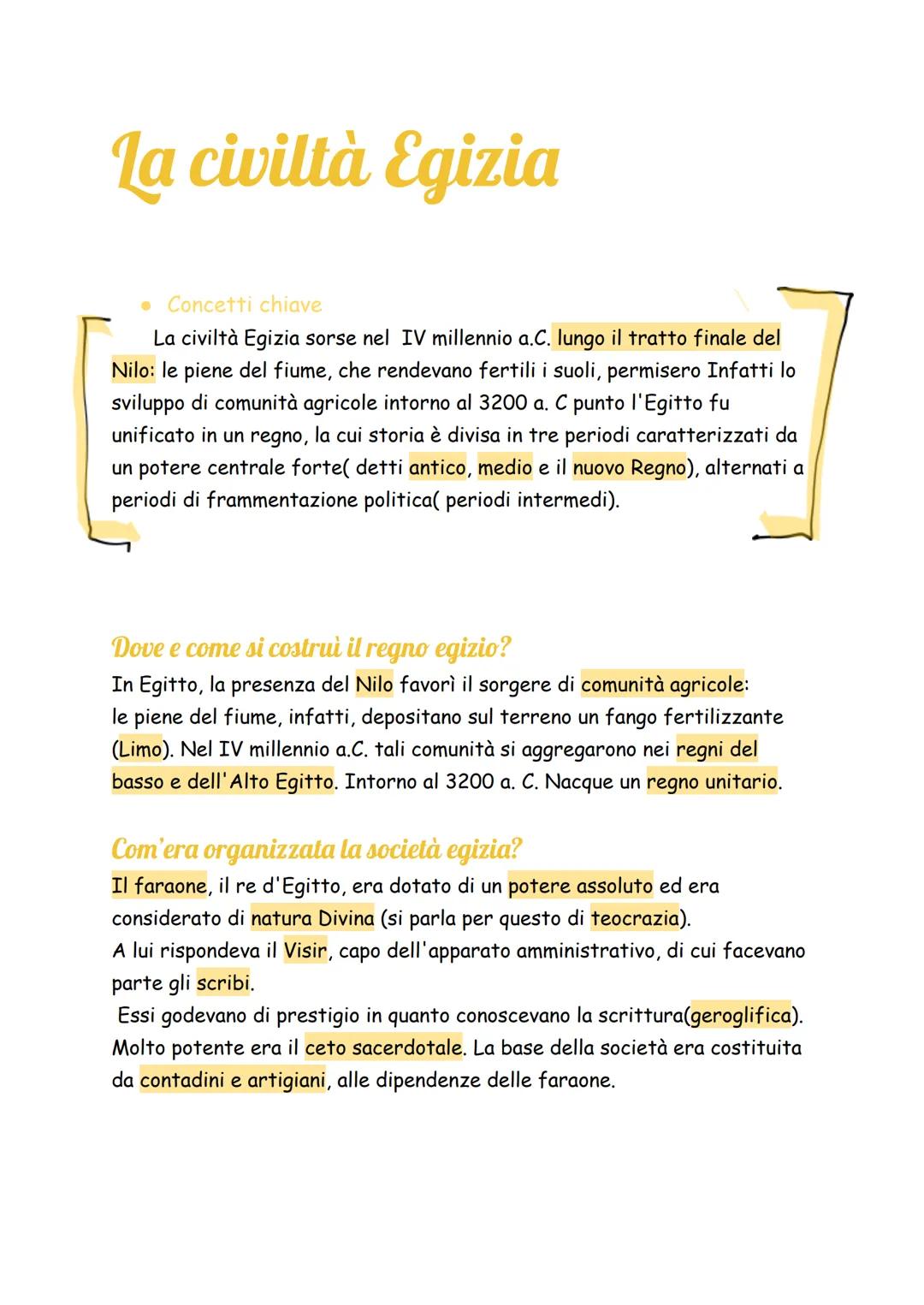 La civiltà Egizia
•Concetti chiave
La civiltà Egizia sorse nel IV millennio a.C. lungo il tratto finale del
Nilo: le piene del fiume, che re