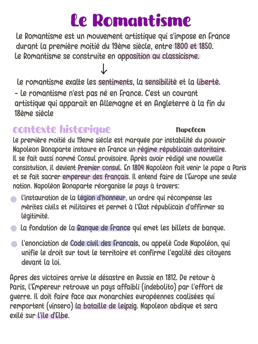 Le Romantisme
Le Romantisme est un mouvement artistique qui s'impose en France
durant la première moitié du 19ème siècle, entre 1800 et 1850