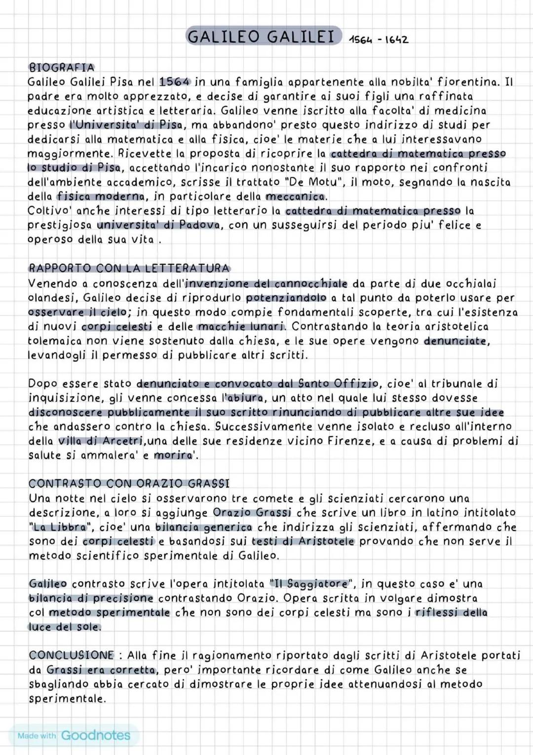 # GALILEO GALILEI 1564-1642
BIOGRAFIA
Galileo Galilei Pisa nel 1564 in una famiglia appartenente alla nobilta' fjorentina. Il
padre era mo