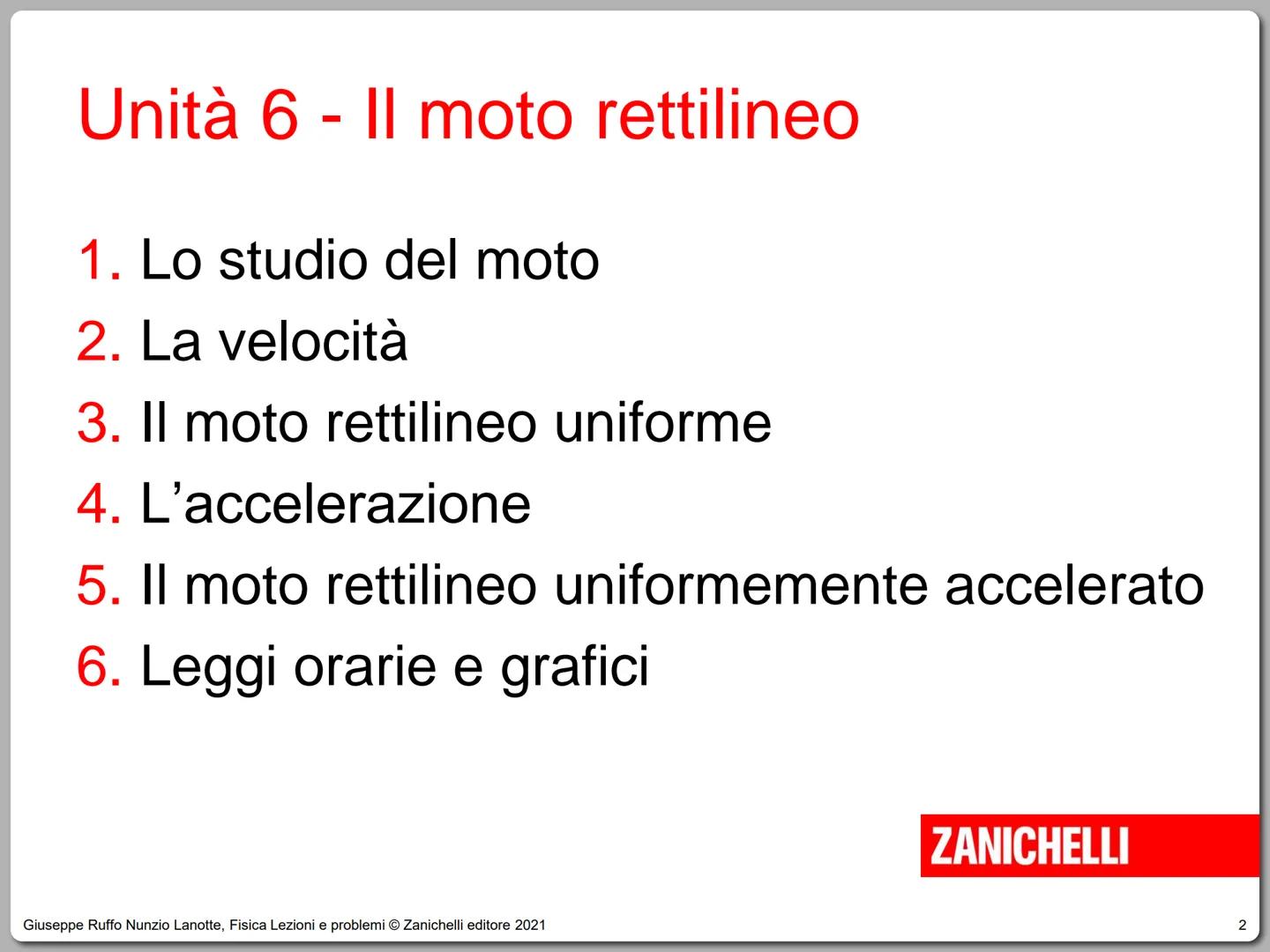 Giuseppe Ruffo Nunzio Lanotte
Fisica
Lezioni e problemi
ZANICHELLI # Unità 6 - Il moto rettilineo
1. Lo studio del moto
2. La velocità
3.