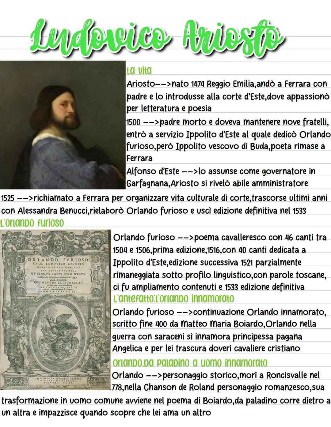 Ludovico Ariests
La Vita
Ariosto-->nato 1474 Reggio Emilia, andรฒ a Ferrara con
padre e lo introdusse alla corte d'Este, dove appassionรฒ
per