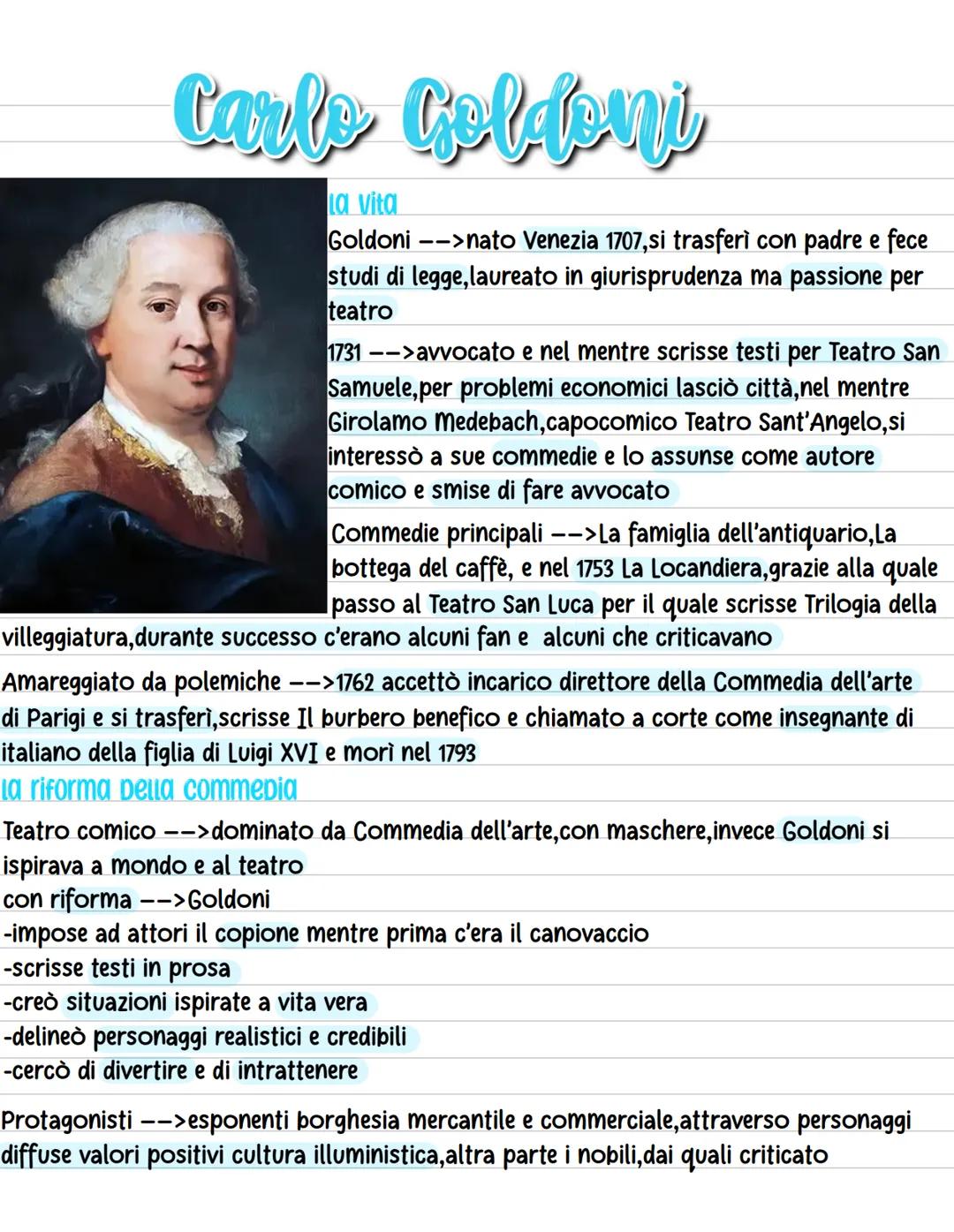 # Carlo Goldoni
La vita
Goldoni -->nato Venezia 1707, si trasferรฌ con padre e fece
studi di legge, laureato in giurisprudenza ma passione p