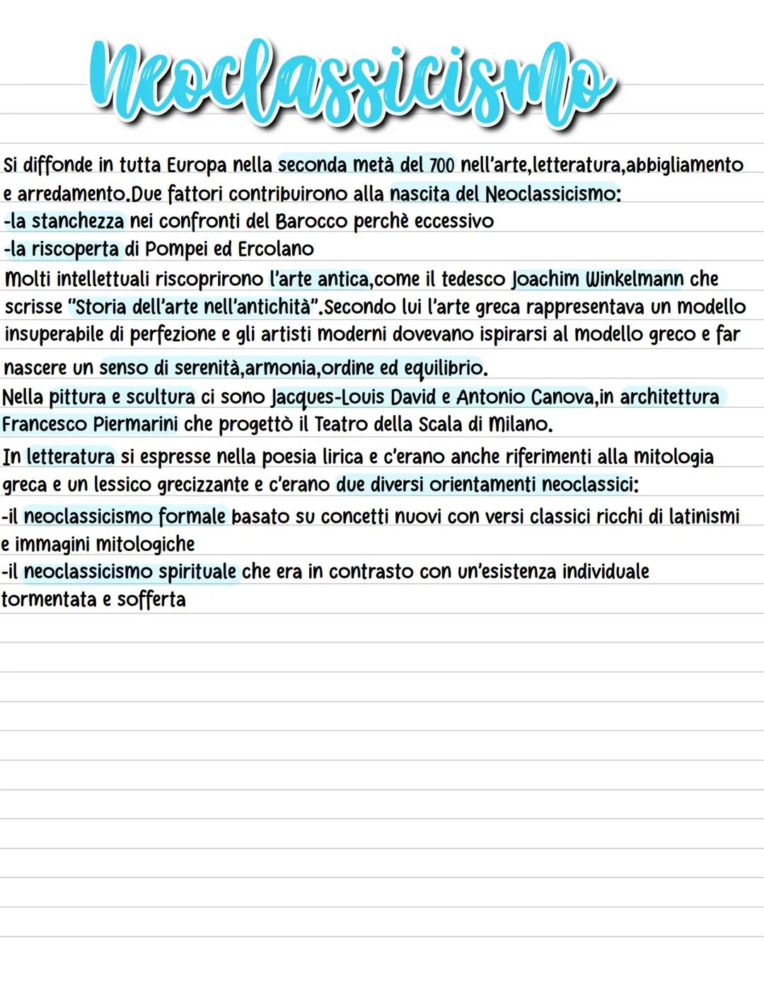 # Neoclassicismo
Si diffonde in tutta Europa nella seconda metร del 700 nell'arte, letteratura, abbigliamento
e arredamento. Due fattori co