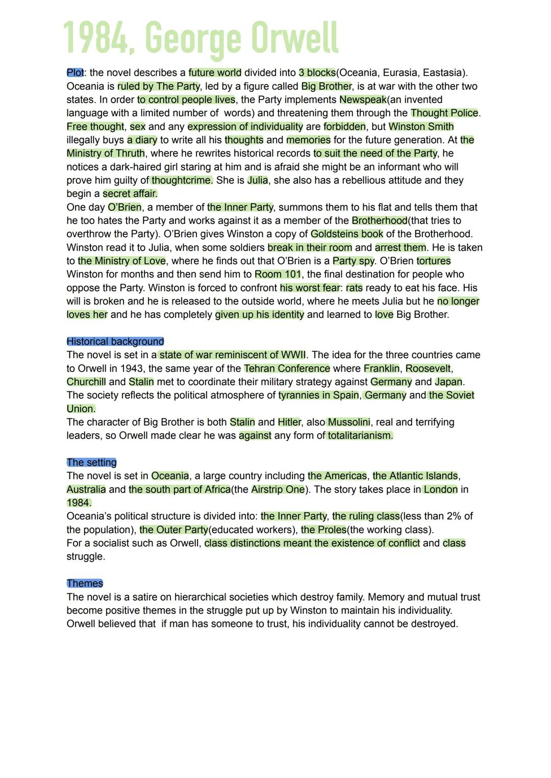 # 1984, George Orwell
Plot: the novel describes a future world divided into 3 blocks(Oceania, Eurasia, Eastasia).
Oceania is ruled by The P