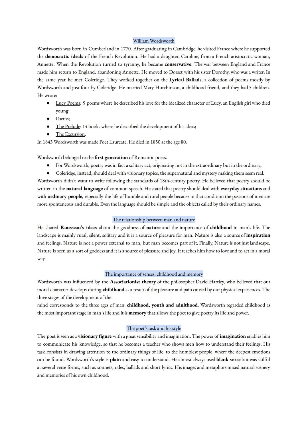 William Wordsworth
Wordsworth was born in Cumberland in 1770. After graduating in Cambridge, he visited France where he supported
the democ
